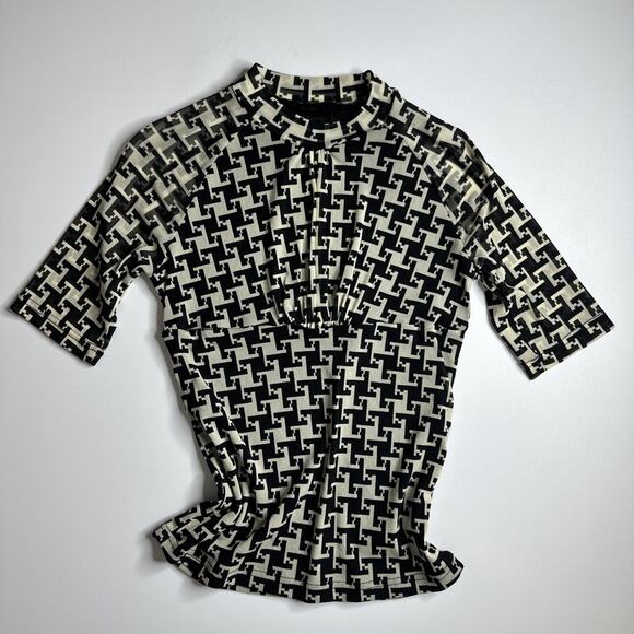 Y2K Geometric Print Ruched Top High Neck Cyber Indie Mod Retro M Minimalist - Picture 3 of 12